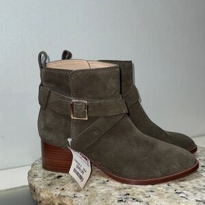 Kate Spade New York Polly Ankle Boots Olive Green Cow Suede Buckle Sz 6M NWT!